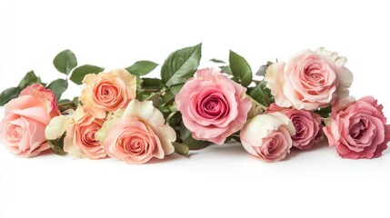 A beautiful arrangement of various roses in soft colors on a white background.