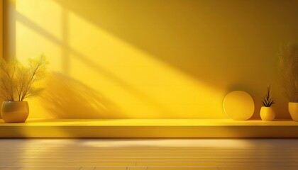 yellow wall, 3D background studio room for product presentation. Yellow wall and floor with a podium, Yellow wall and floor with a podium. Tabletop with sunlight from the window.