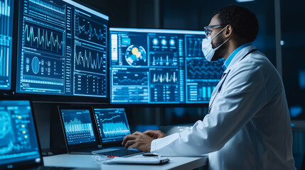 Medical analyst working on diagnostic test data, analyzing graphs and statistics on multiple screens. environment is high tech and focused on healthcare data analysis