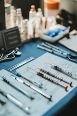 A well organized medical workspace featuring syringes, stethoscopes, and various medical supplies. scene conveys sense of professionalism and readiness for patient care
