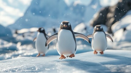 Obraz premium In the icy expanse of Antarctica, where the bitter cold seems to stretch to infinity, penguins dance and thrive, defying the harshness of their environment with their resilient spirits and unique cha