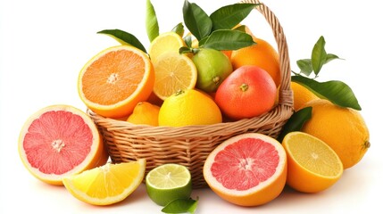 A basket filled with various fresh citrus fruits, showcasing vibrant colors and textures.