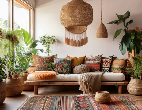 A bohemian-style living room with a mix of patterned rugs, a low-slung sofa with vibrant cus