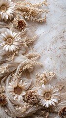 Edelweiss flowers on soft color background, romantic feminine composition, wedding invitation concept.