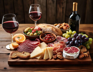 A beautifully arranged charcuterie board on a rustic wooden table, filled with a variety of
