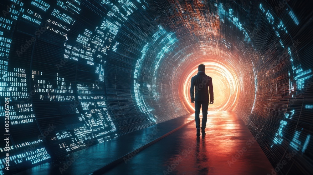 Poster man walking in futuristic technology tunnel with computer code