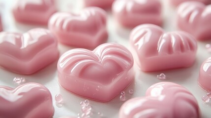 Fototapeta premium Pink heart-shaped candies in close-up