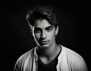 Fototapeta premium A black-and-white portrait of a young man with strong facial features and textured hair, cap