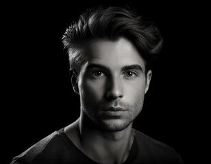 Obraz premium A black-and-white portrait of a young man with strong facial features and textured hair, cap