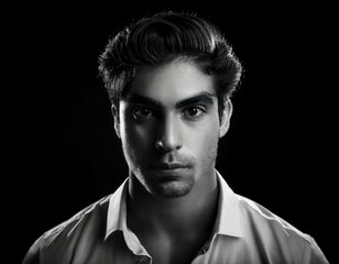 A black-and-white portrait of a young man with strong facial features and textured hair, cap