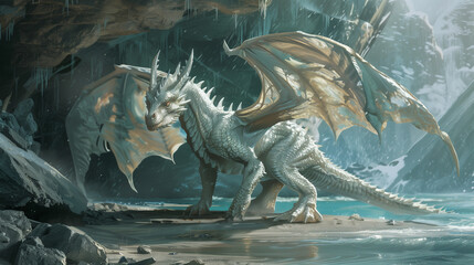 Fototapeta premium White Fantasy Dragon in Icy Cave