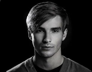 A black-and-white portrait of a young man with strong facial features and textured hair, cap