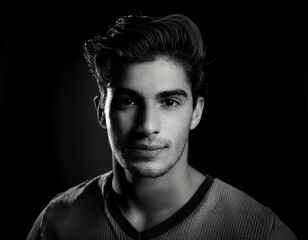 Obraz premium A black-and-white portrait of a young man with strong facial features and textured hair, cap