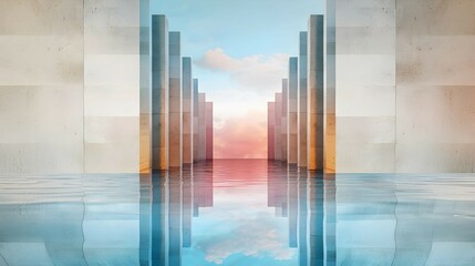 Abstract Architecture with Water Reflection and Sunset Sky