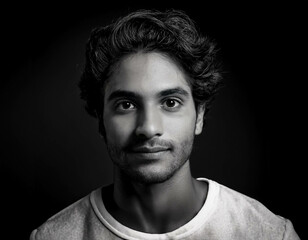 Fototapeta premium A black-and-white portrait of a young man with strong facial features and textured hair, cap