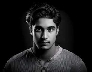 Obraz premium A black-and-white portrait of a young man with strong facial features and textured hair, cap