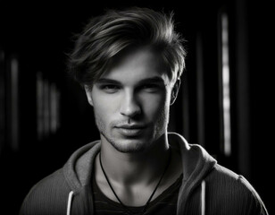 Fototapeta premium A black-and-white portrait of a young man with strong facial features and textured hair, cap