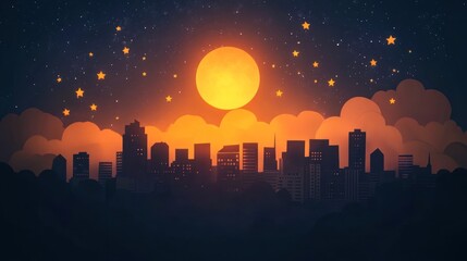 A serene city skyline at sunset, with a large moon and twinkling stars above.