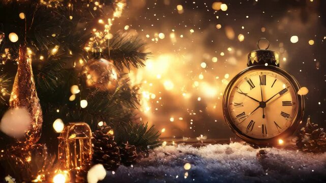A vintage alarm clock rests on a snowy surface, surrounded by festive lights. This elegant image is perfect for winter holiday, New Year's, and Christmas themes.. AI Generation