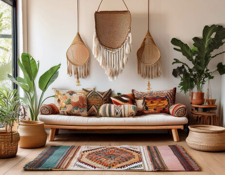 A bohemian-style living room with a mix of patterned rugs, a low-slung sofa with vibrant cus