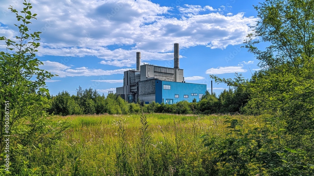 Sticker A large industrial building surrounded by greenery under a blue sky with clouds.