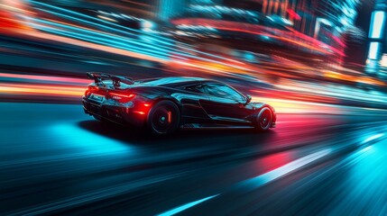 Fototapeta premium A high-speed sports car blurs through an urban setting, reflecting motion blur and adrenaline.