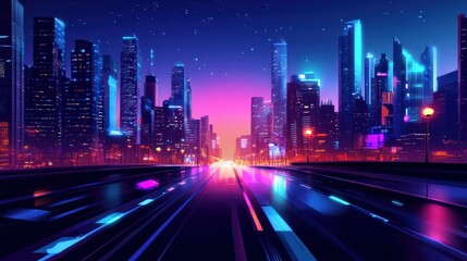 modern futuristic night city illustration light scape, digital building, future street modern futuristic night city