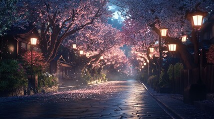 A serene street lined with cherry blossoms and lanterns, evoking tranquility at night.