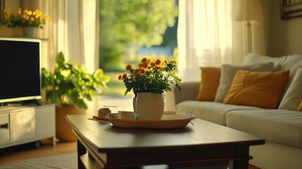 A cozy living room with a flower vase, bright light, and inviting atmosphere.
