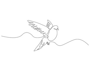 Obraz premium Continuous one line drawing of flying pigeon. One line drawing illustration of dove bird flying. National pigeon day concept line art. Editable outline