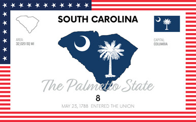 Vector poster background of the US state of South Carolina, with name, map, flag, borders, nickname, order number and date of admission to the Union, capital, area. Illustration 40 of a series of 50.