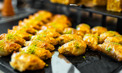 Traditional Turkish pistachio baklava dessert slices.