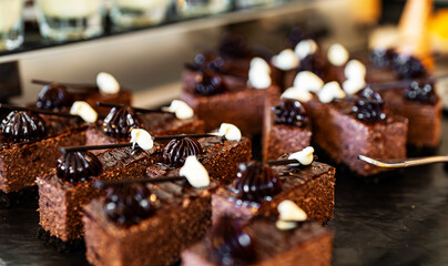 Chocolate cakes with grated nuts on a plate.