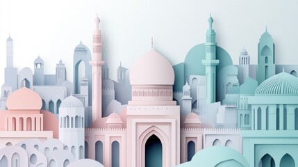 Fototapeta premium A stylized paper-cut cityscape featuring diverse architectural elements.