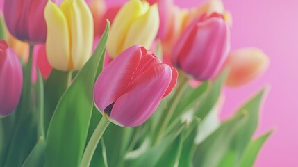 Fototapeta premium A vibrant bouquet of tulips in various colors against a pink background.