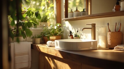 Fototapeta premium A serene bathroom scene featuring a modern sink surrounded by lush plants and natural light.