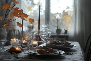 autumn table setting in scandinavian style. photo for interior magazine