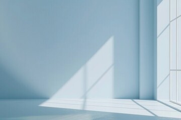 Fototapeta premium Beautiful original background image of an empty space in pale blue tones with a play of light and shadow on the wall and floor for design or creative work 8k