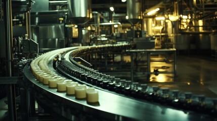 A factory interior featuring a conveyor belt transporting containers.