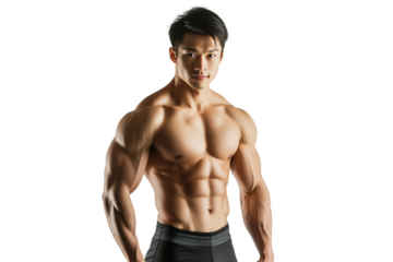 Strong and muscular young asian man on blank background isolated cut out