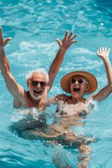 An elderly couple is having fun swimming in the pool.
