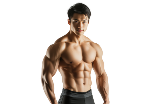 Strong and muscular young asian man on blank background isolated cut out