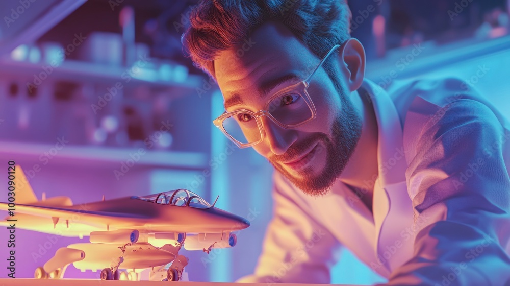 Poster A man examines a model airplane in a colorful laboratory setting.