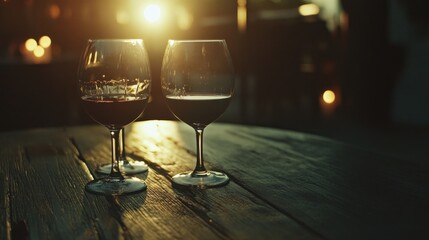 Two glasses of red wine on a wooden table, illuminated by soft evening light.