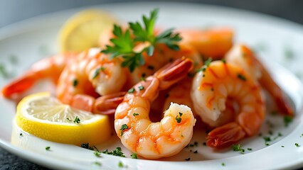 Close-up of a plate with cooked shrimp seasoned with herbs.