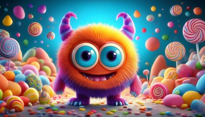 Fototapeta premium An adorable monster character with oversized eyes and bright, funky colors, standing in a fun, cartoonish landscape filled with candy and playful elements