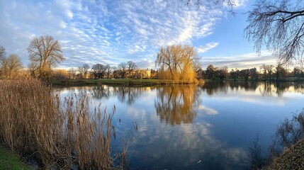 A serene lakeside scene with reflections of trees and clouds in calm waters.