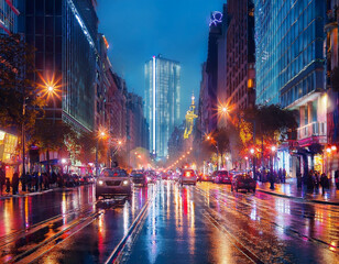 A busy urban street at night with skyscrapers lit up and traffic moving below. Neon signs, t