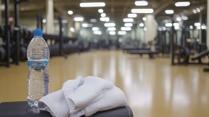 A water bottle and towel on a gym bench, with workout equipment in the background.