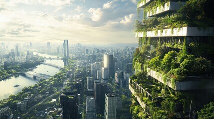 Obraz premium The city of the future with amazing eco-friendly architecture and lots of green plants